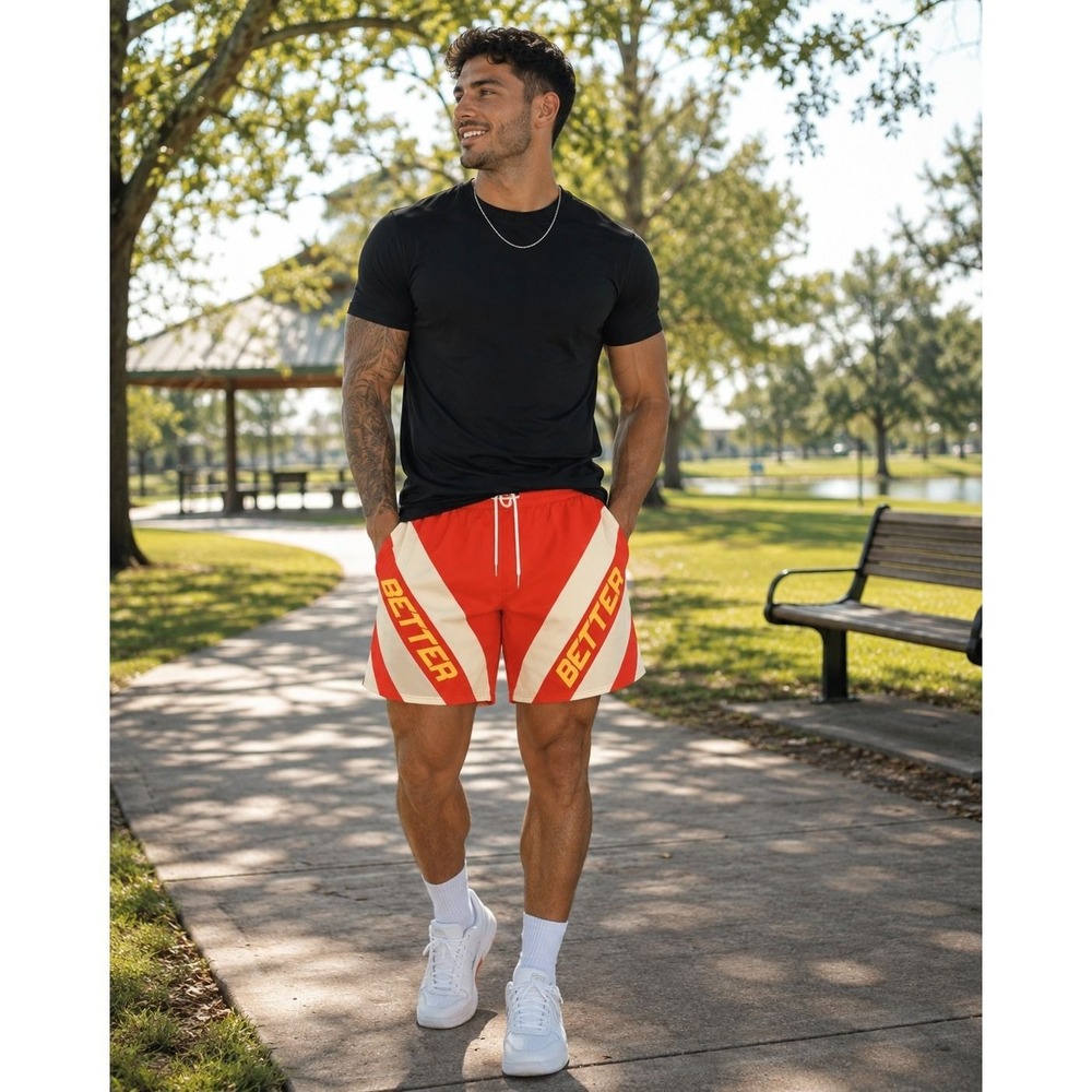 Better Red Cream Chevron Striped Athletic Gym Shorts XL NWT
